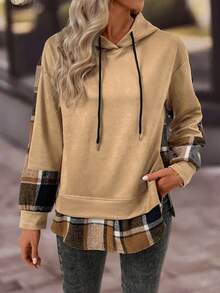 EMERY ROSE 女式格子拼接长袖休闲抽绳连帽运动衫 - 黃色 - 查看 3