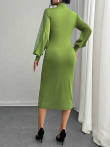 SHEIN Clasi 女士优雅圆领网纱拼接泡泡装饰长袖连衣裙长裙套装 - 橄欖綠 - 查看 5