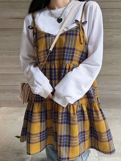 FRIFUL Women's Plaid Strap Bowknot Crisscross A-Line Layered Patchwork Casual Tank Top, Autumn