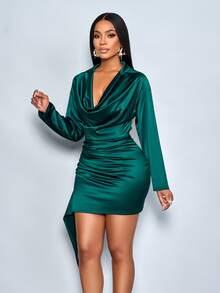 SOLERSUN Women's Elegant Drape Neck Asymmetrical Ruffle Ruched Hem Satin Party Bodycon Dress,Suitable For Christmas Party Vacation & Dating,Fall/Winter - Dark Green - View 7