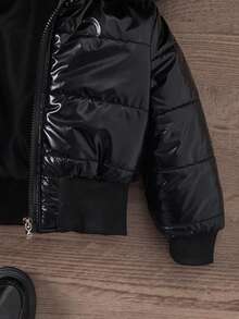 女童黑色连帽加厚高腰罗纹修身时尚羽绒服，秋冬季休闲百搭外套，儿童黑色夹克，女童黑色夹克，儿童飞行员夹克 - 黑色 - 查看 4