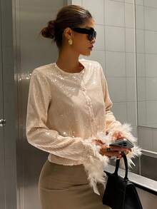 Livesso Women's Elegant Sequin Patchwork Fluffy Blouse, Suitable For New Year, Christmas, Wedding, Party, Ball, Autumn/Winter Long Sleeve Women Glitter Top - Champagne - View 3
