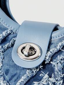 ROMWE Kawaii Túi Mini Hobo Bag Twist Lock Raw Trim Denim Underarm Bag, Túi Satchel khóa xoay thời trang, Túi đeo chéo Hobo đơn giản, Ví Jean cổ điển dành cho nữ - Màu xanh nhạt - Xem 6