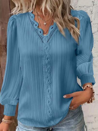 EMERY ROSE Plus Size Casual Solid Puff Sleeve Shirt Fall Cloth For Women