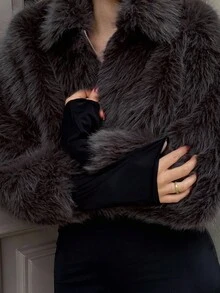 PREMIUM Women's Solid Color Long Sleeve Faux Fur Collar Elegant Jacket, Autumn/Winter - Coffee Brown - View 7