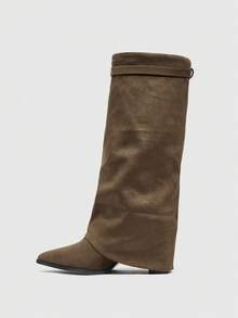 Daringsoles 女式尖头粗跟绒面西部流苏靴，修身高筒靴 - 卡其色 - 查看 10
