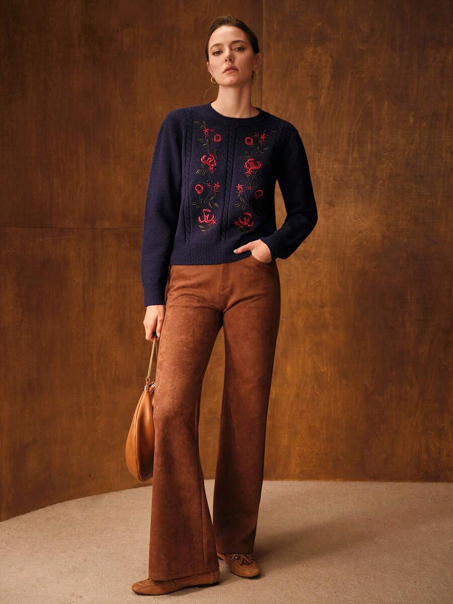 MOTF PREMIUM 复古花卉刺绣女士麻花针织毛衣，秋冬季