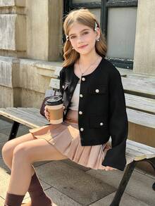 SHEIN Tween Girl Short Crew Neck Long Sleeve Jacket, Suitable For Daily Commute - Black - View 3