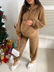 SHEIN Maternity Solid Color Fleece Hooded Jumpsuit, Autumn/Winter - Brown - View 6