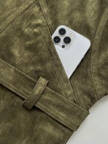 Elamini Women's Military Green Suede Fleece Jacket, Fashionable Turndown Collar Design, Long Sleeve, Pockets, Retro Chic European And American Style - Army Green - View 4