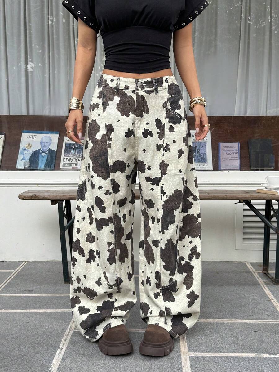 Muchica 女式牛仔印花口袋宽腿宽松休闲牛仔裤