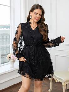 SHEIN Clasi 大码优雅派对3D立体花卉网纱连衣裙 - 黑色 - 查看 5
