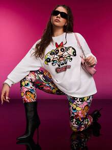 THE POWERPUFF GIRLS X SHEIN Conjunto de 2 piezas de sudadera con cuello redondo y pantalones con estampado de Blossom, Bubbles y Buttercup de dibujos animados, talla grande, informal, para otoño - Multicolor - Ver 5