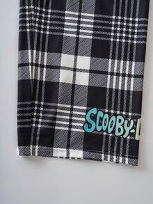 SCOOBY-DOO X SHEIN Bộ đồ ngủ in hình chó hoạt hình cổ tròn tay dài và quần kẻ caro cho bé trai - Đen và trắng - Xem 8
