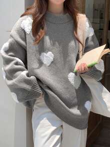 DAZY Women's Heart Decor Contrast Color Long Sleeve Sweater - Grey - View 7
