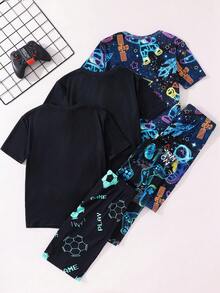 SHEIN 6件套儿童/青少年男童休闲日常舒适足球图案圆领短袖睡衣套装，包含上衣和短裤/长裤，3种款式可选，适合学校、花园、海滩、生日等场合，春夏秋冬皆宜。 - 彩色 - 查看 5