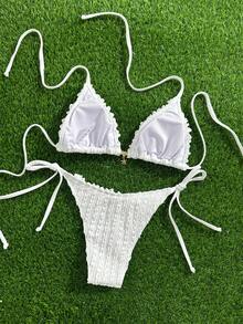 Swim Mod 女士纯色提花面料挂脖金属装饰荷叶边比基尼套装，春夏款 - 白色 - 查看 2