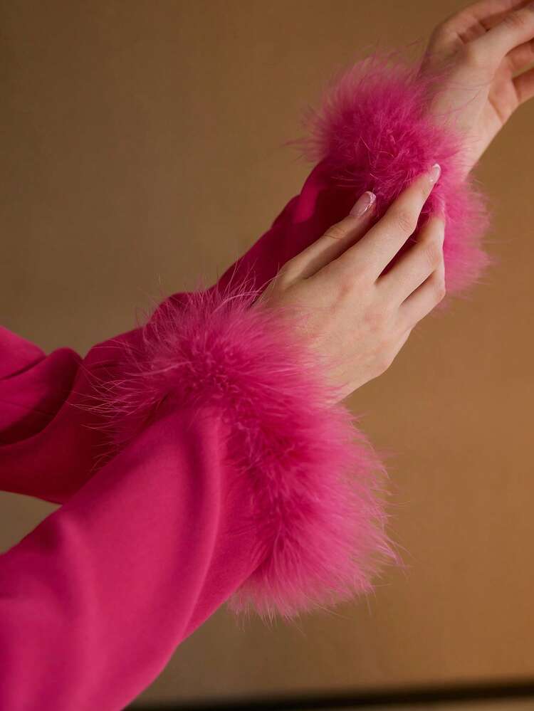 WAIST-CINCHED RHINESTONE DETAIL FURRY TRIM SHORT DRESS, AUTUMN/WINTER