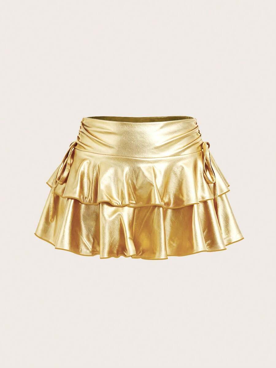 SHEIN MOD Chân váy hai lớp thắt nơ rút dây thường ngày cho nữ, chất liệu PU, màu vàng - Vàng - Xem 1