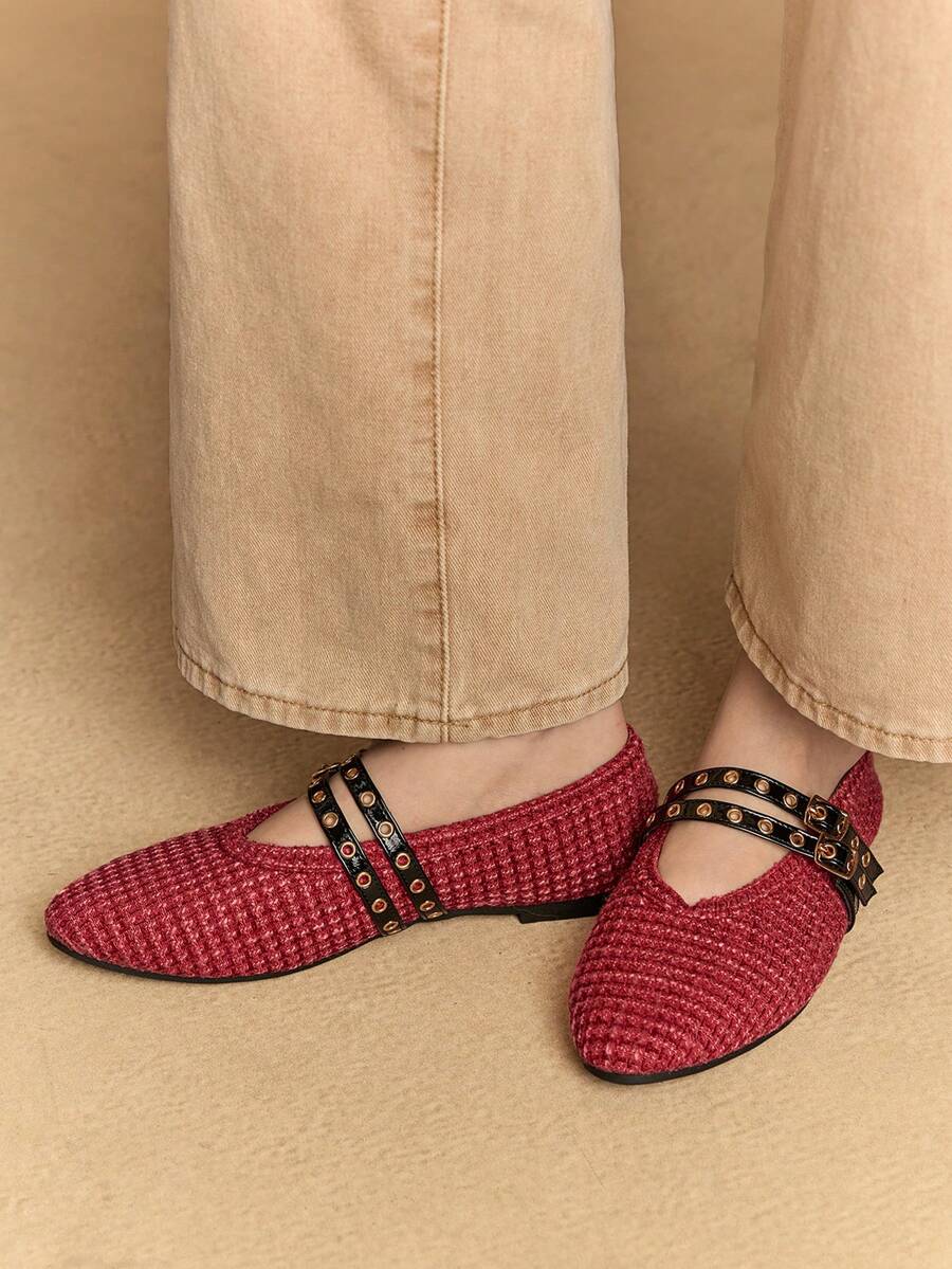 Rosivie 2025 Handwoven Niche Fashion Shoes, New Arrival Double Buckle Strap Ballet Flats For Women - Red - View 1