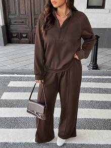 Easura 2pcs/Set Fashionable Casual French Retro Elegant Commuting Stand Collar Sweatshirt - Coffee Brown - View 3