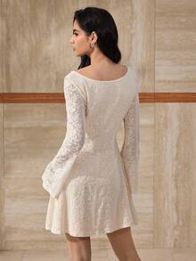 Modelyn Women's Sexy Lace Off Shoulder Cinched Waist A-Line Long Sleeve Dress, Autumn - Apricot - View 2