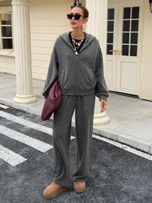 DAZY Ensemble 2 pièces veste à capuche et pantalon de couleur unie décontractée pour femmes, automne