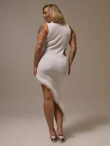 MUSERA Plus Size White Ribbed High Neck Sleeveless Cut Out Waist Asymmetric Hem Fur Trim Dress,Autumn Elegant Silky Festa Winter Night Out Party NYE - White - View 3