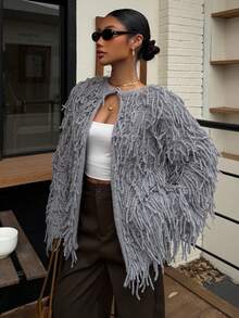 Ritzy Row 女士休闲圆领流苏针织开衫毛衣流苏灰色开衫 - 深灰色 - 查看 5