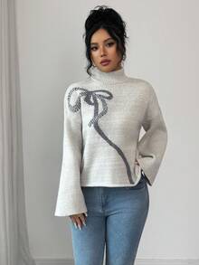 SHEIN Raffinéa Women's Casual Fashion Minimalist Versatile Commuting Loose High Neck Bow Decor Sweater, Autumn/Winter - Light Grey - View 4