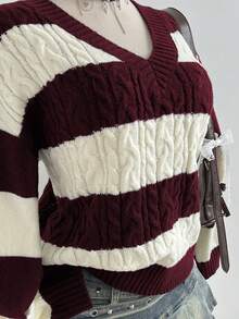 Elamini Women's Casual Versatile V-Neck Striped Lantern Sleeve Knit Sweater Top, Navy & Apricot, Autumn/Winter - Burgundy - View 5