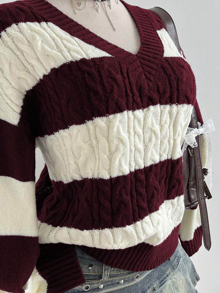 Elamini Women's Casual Versatile V-Neck Striped Lantern Sleeve Knit Sweater Top, Navy & Apricot, Autumn/Winter - Burgundy - View 5