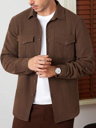 Core Aspect 锈棕色绒面抓绒男士休闲长袖衬衫，棕色衬衫，男士休闲衬衫，带两个口袋，长袖，复古男士休闲纯色长袖衬衫，绒面抓绒军装工装口袋猎装夹克衬衫，老钱风格，复古绅士，英伦绅士风格，商务休闲风格，正式，男士衬衫冬季款，老钱风格，复古绅士风格