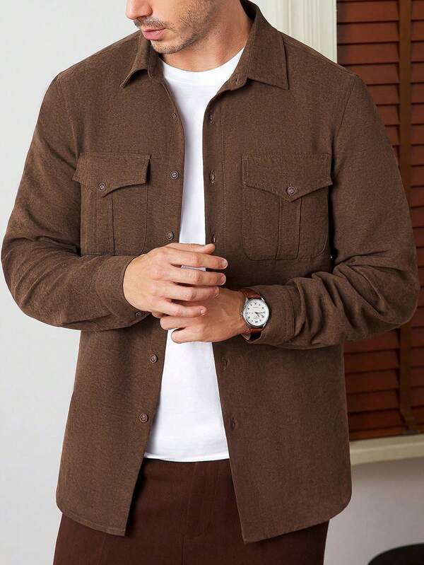 Core Aspect Rust Brown Suede Fleece Casual Men's Long Sleeve Shirt Brown Shirt Men Casual Shirt With Two Pockets Long Sleeve For Men,Vintage Men's Casual Solid-Color Long-Sleeved Shirt, Suede Fleece Military Workwear Pocket Hunting Jacket Shirt,Old Money Style,Vintage Gentleman, British Gentleman Style, Business Casual Style, Formal,Men Shirts WinterOld Money Style,Vintage Gentleman,