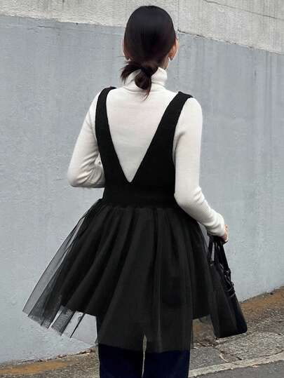 FRIFUL 女性用 ディープVネック メッシュパッチワーク フリルヘム ノースリーブ ニットトップ、秋冬