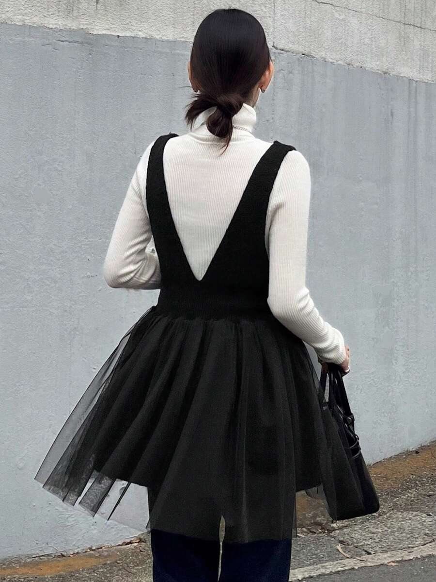 FRIFUL 女士深V领网纱拼接荷叶边下摆无袖针织上衣，秋冬款 - 黑色 - 查看 1