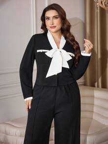 Modelyn 2pcs/Set Women's Contrast Color Bow Decor Outfit, Elegant Long Sleeve Top + Wide Leg Pants, Professional Commuter Suit - Black - View 6
