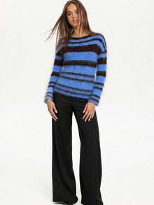 SHEIN BAE 女士休闲撞色条纹毛衣，秋季，冬季，女士冬季，秋季女装，万圣节，女士万圣节服装，圣诞节，圣诞毛衣，新年，新年，感恩节，派对，派对，优雅，休闲，蓝色条纹毛衣，条纹毛衣，宽松条纹毛衣，保暖毛衣，休闲毛衣 - 彩色 - 查看 3