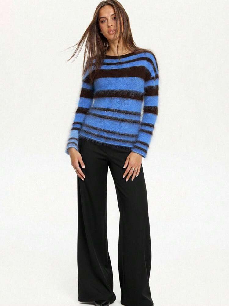 SHEIN BAE Randig tröja med färgblock för kvinnor, höst, vinter, vinter för kvinnor, höst för kvinnor, halloween, Halloweenkostym för kvinnor, jul, jultröja, nyår, nyår, thanksgiving, fest, fest, elegant, ledig, blå randig tröja, randig tröja, löst randig tröja, varm tröja, ledig tröja, - Multifärgad - Visa 3