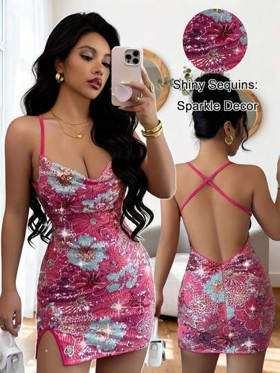 Rafferiza Women's Casual Party Vacation Sexy Pink Sequin Dress Sequins Dresses For Woman Bodycon Dresses Club Dresses For Women Birthday Dress Sexy