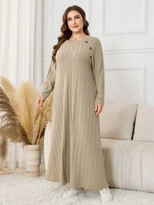 SHEIN Lacomfia Knitted Ribbed Fleece Raglan Sleeve Long Loose Comfortable Casual Simple Plus Size Dress For Women - Khaki - View 4