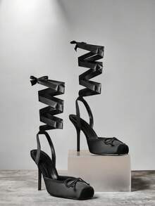 SHUZIA 全新时尚女士黑色芭蕾踝带蕾丝高跟鞋封闭式方头性感假日秋冬鞋 - 黑色 - 查看 6