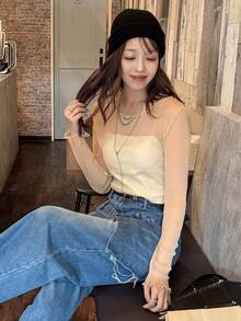 FRIFUL 女士秋季薄纱圆领荷叶边网纱修身长袖衬衫 - 杏色 - 查看 3