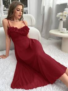 Slumberist 女式纯色荷叶边吊带睡袍 - 酒紅色 - 查看 3