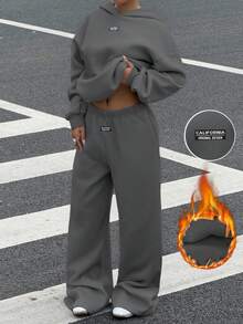 Muchica 女士秋冬新款保暖内衬休闲宽松连帽衫和运动裤两件套，深灰色 - 深灰色 - 查看 5