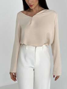 Aloruh Women's Solid Color Asymmetric Neck Long Sleeve Pleated Casual T-Shirt - Apricot - View 3