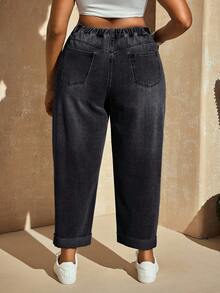 SHEIN SXY 大码休闲日常做旧猫须口袋牛仔裤 - 黑色 - 查看 2