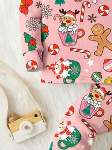 SHEIN Tween Girl Christmas Element Graphic Snug Fit Casual Comfortable Round Neck Long Sleeve Pajama Top And Pants Set