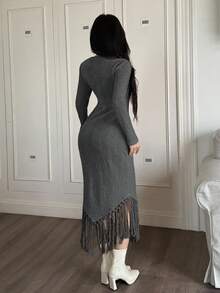 Feyla Damen Einfarbiges minimalistisches Langarmkleid, lässiger Alltagskleidung