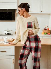 Lazeform Women's Flannel Plaid Top & Pants Fluffy Pajama Set, Cozy Winter Clothes - Apricot - View 5